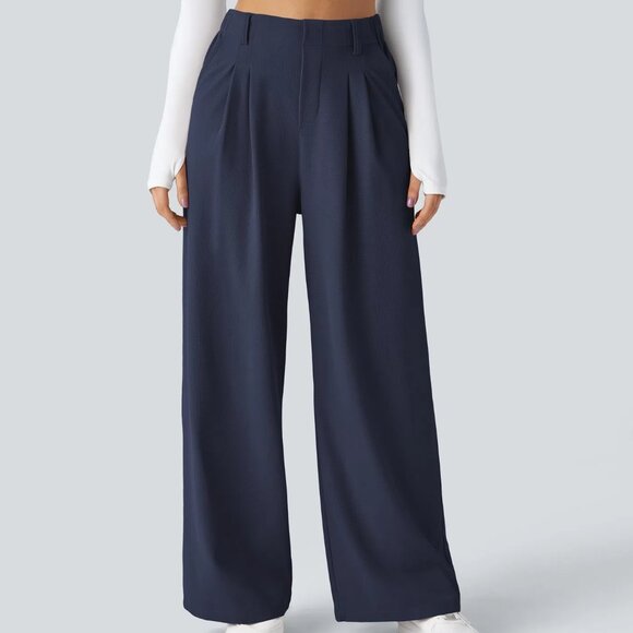 Halara Flex High Waisted Wide Leg Waffle Work Pants in Dark‎ Blue L Petite NWT - Picture 1 of 13